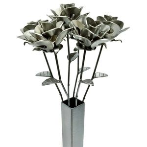 Half Dozen Welded Steel Metal Roses and Vase